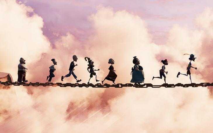  Кадр из фильма «Большое маленькое приключение», персонажи переходят по подвесному мосту, на фоне закатное облачное небо