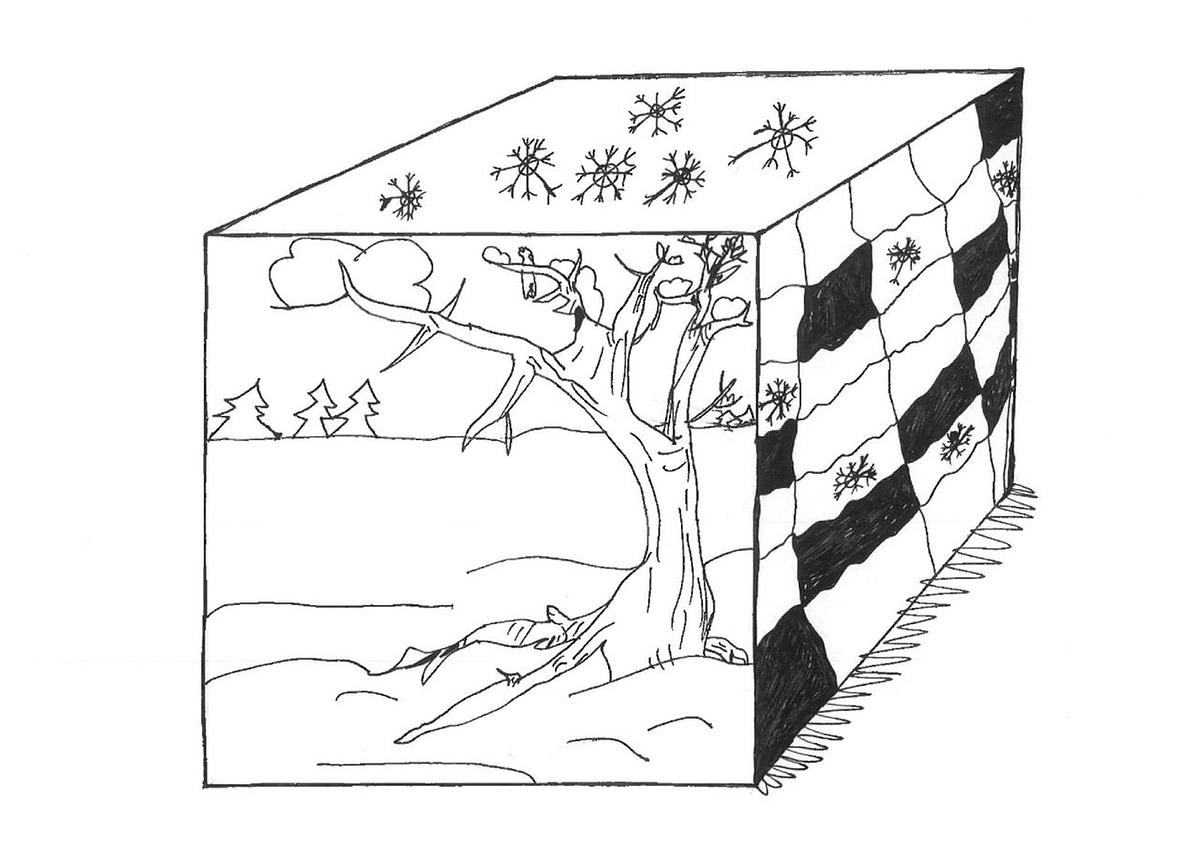 Титульное изображение для страницы события: черно-белый рисунок куба с изображениями зимнего леса и снежинок на гранях