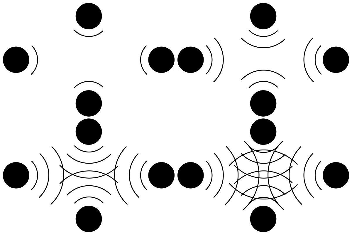 Титульное изображение для страницы события: схематичное изображение, точки посылают друг другу звуковые волны