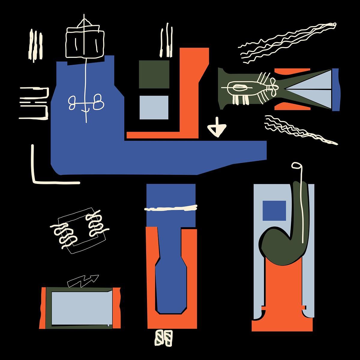 Титульное изображение для страницы события: Рисунок электрогенератора с турбиной синего, красного и серого цветов на черном фоне