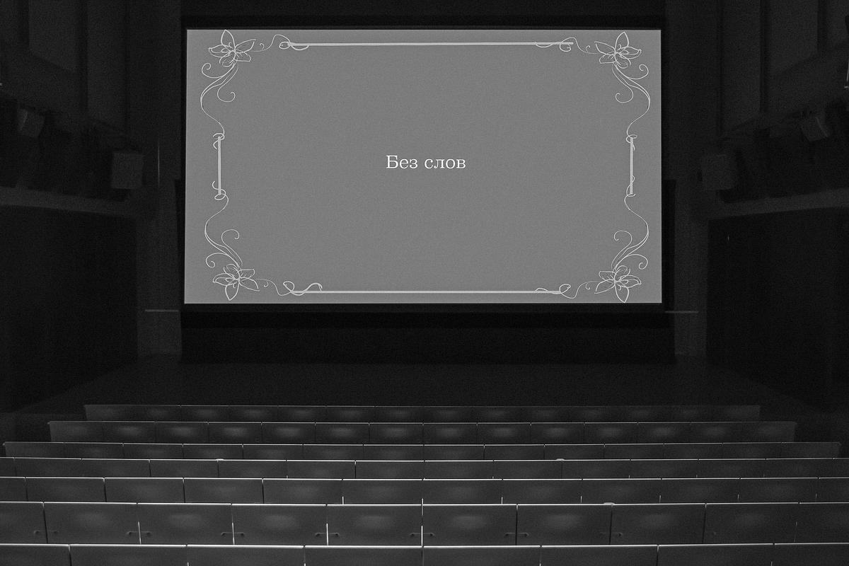 Титульное изображение для страницы события: фото пустого зала кинотеатра, на экране показывается титр «Без слов»