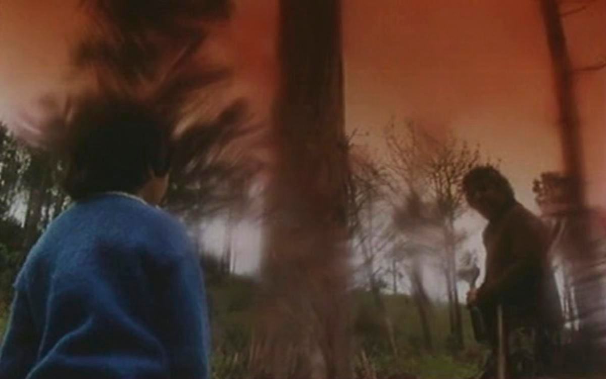 Титульное изображение для страницы события: кадр из фильма «Мануэль на острове чудес», смазанное фото, ребенок и мужчина стоят друг напротив друга на фоне деревьев