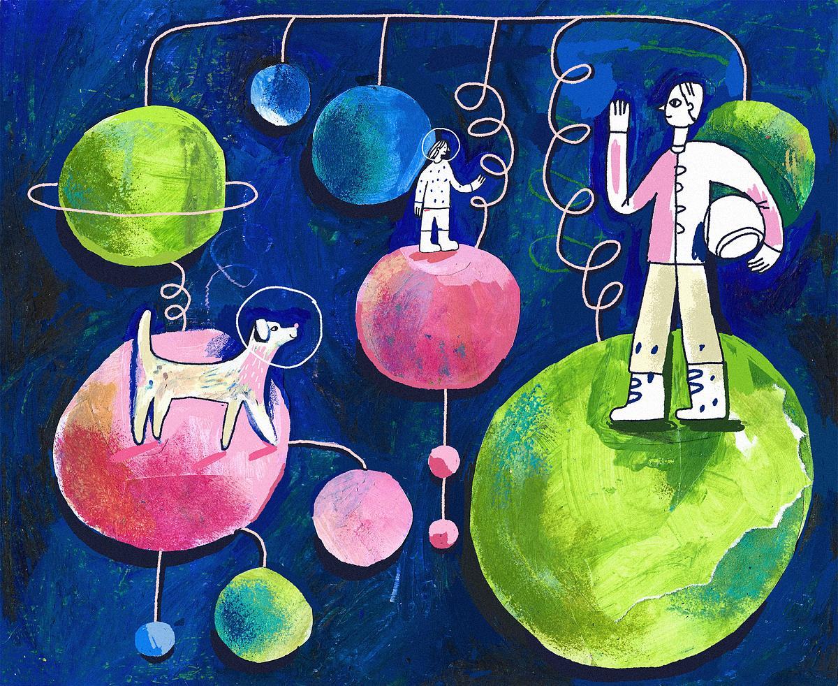 Рисунок, разноцветные планеты, соединенные трубками, на планетах - люди и собака в скафандрах