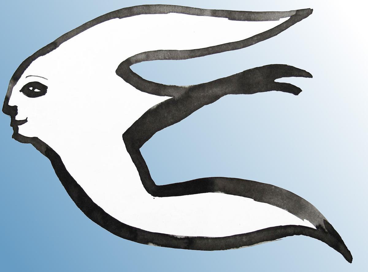 Рисунок, белая птица с антропоморфным лицом на голубом фоне