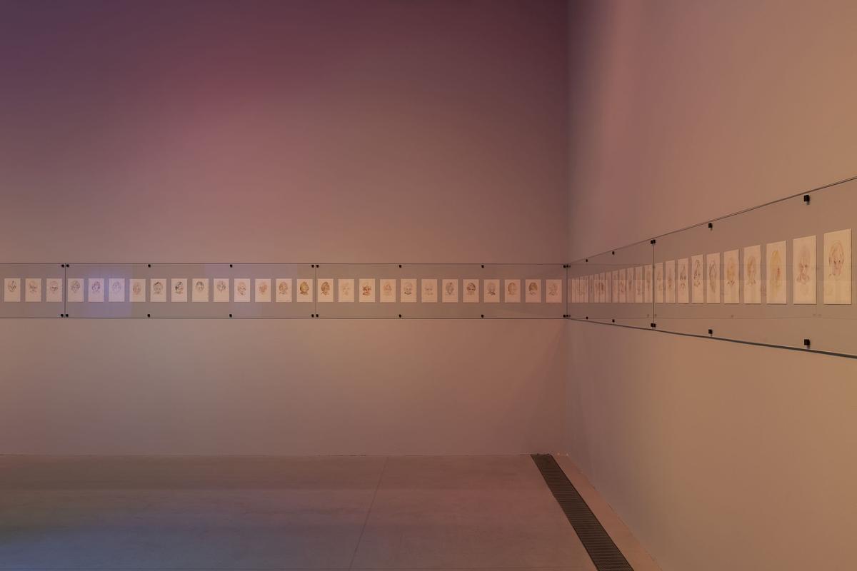 Титульное изображение для страницы события: фотография длинной серии рисунков, развешенных горизонтально по двум стенам под стеклом