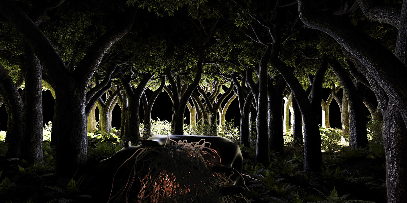 стволы деревьев подсвечены снизу ярким светом в ночном лесу