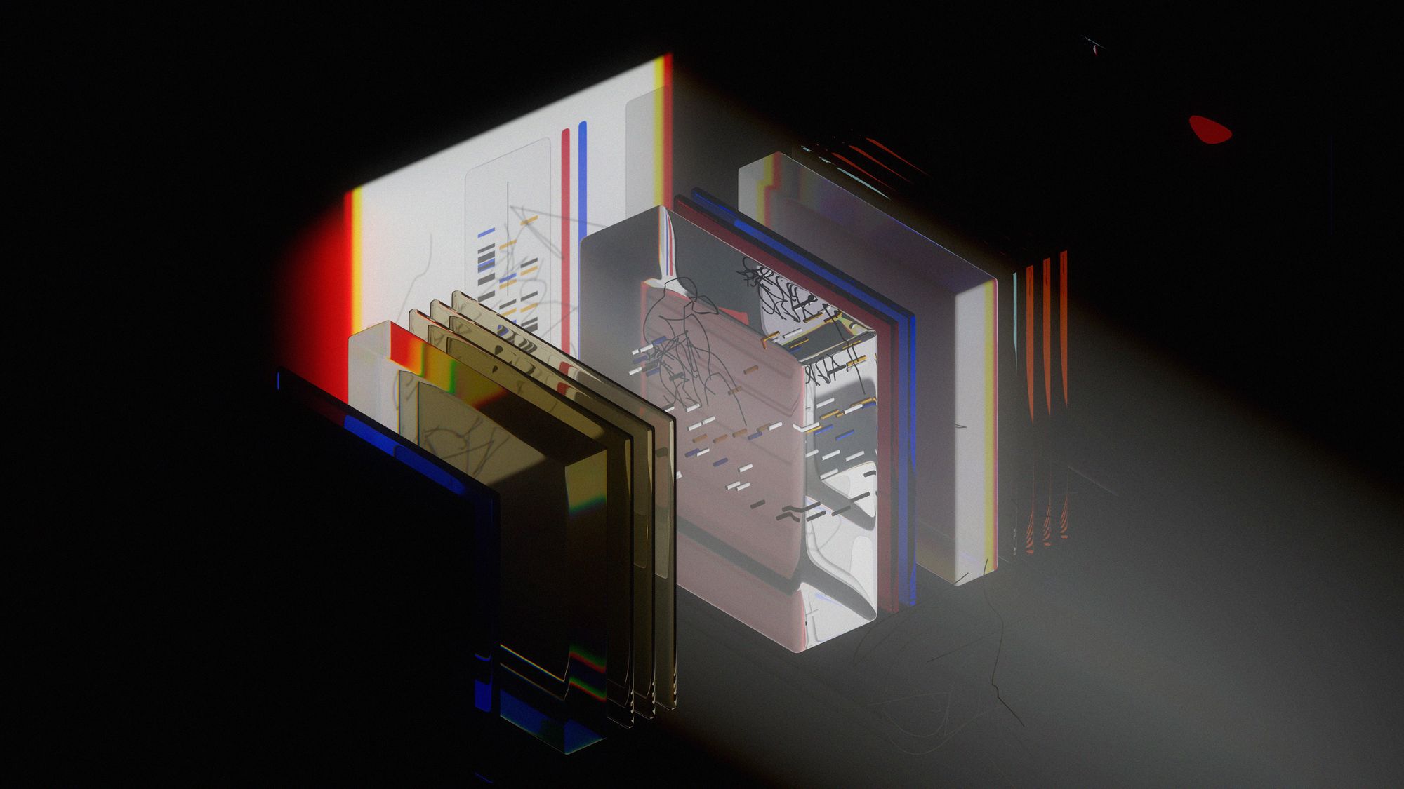 3D-изображение абстрактной проекции в зале на черном фоне