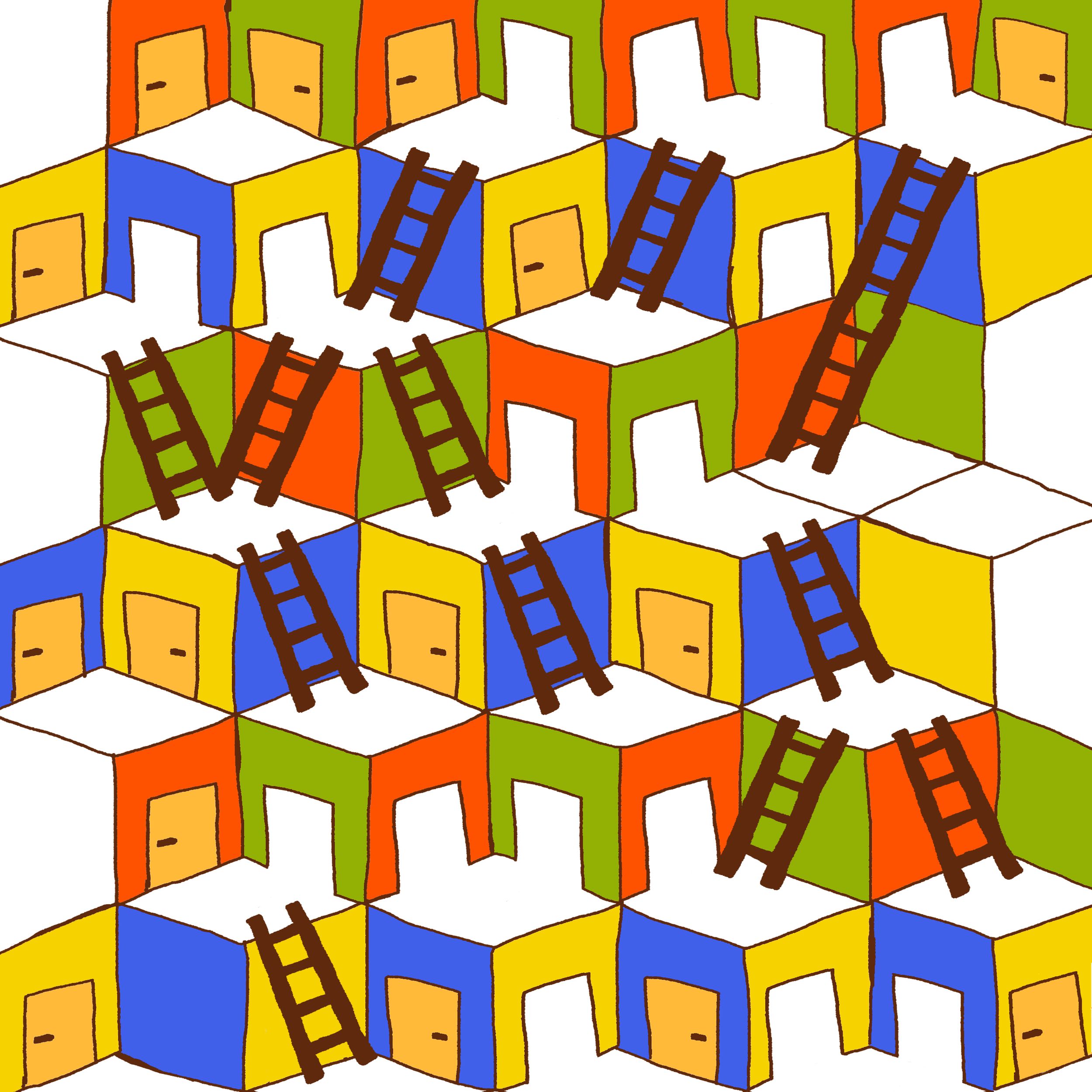 Иллюстрация, сине-желтые и оранжево-зеленые кубики с дверями друг над другом, от нижних к верхним ведут лестницы