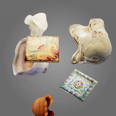 Трехмерное изображение левитирующих и вращающихся керамических предметов на сером фоне