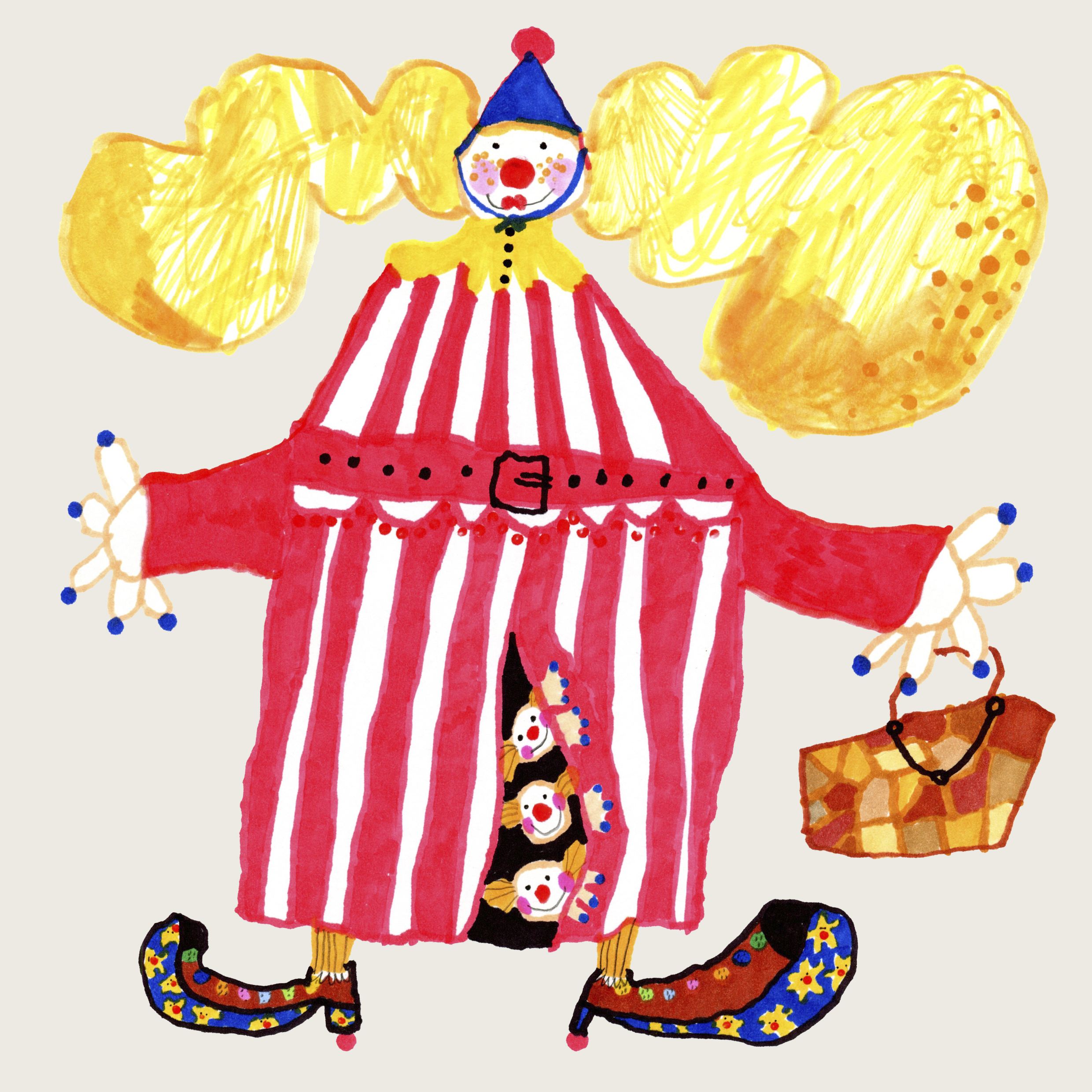 Рисунок клоуна в полосатом трико бело-красного цвета, синим колпаком и желтыми волосами. Из под трико выглядывают три маленьких клоуна, а в руке - корзина
