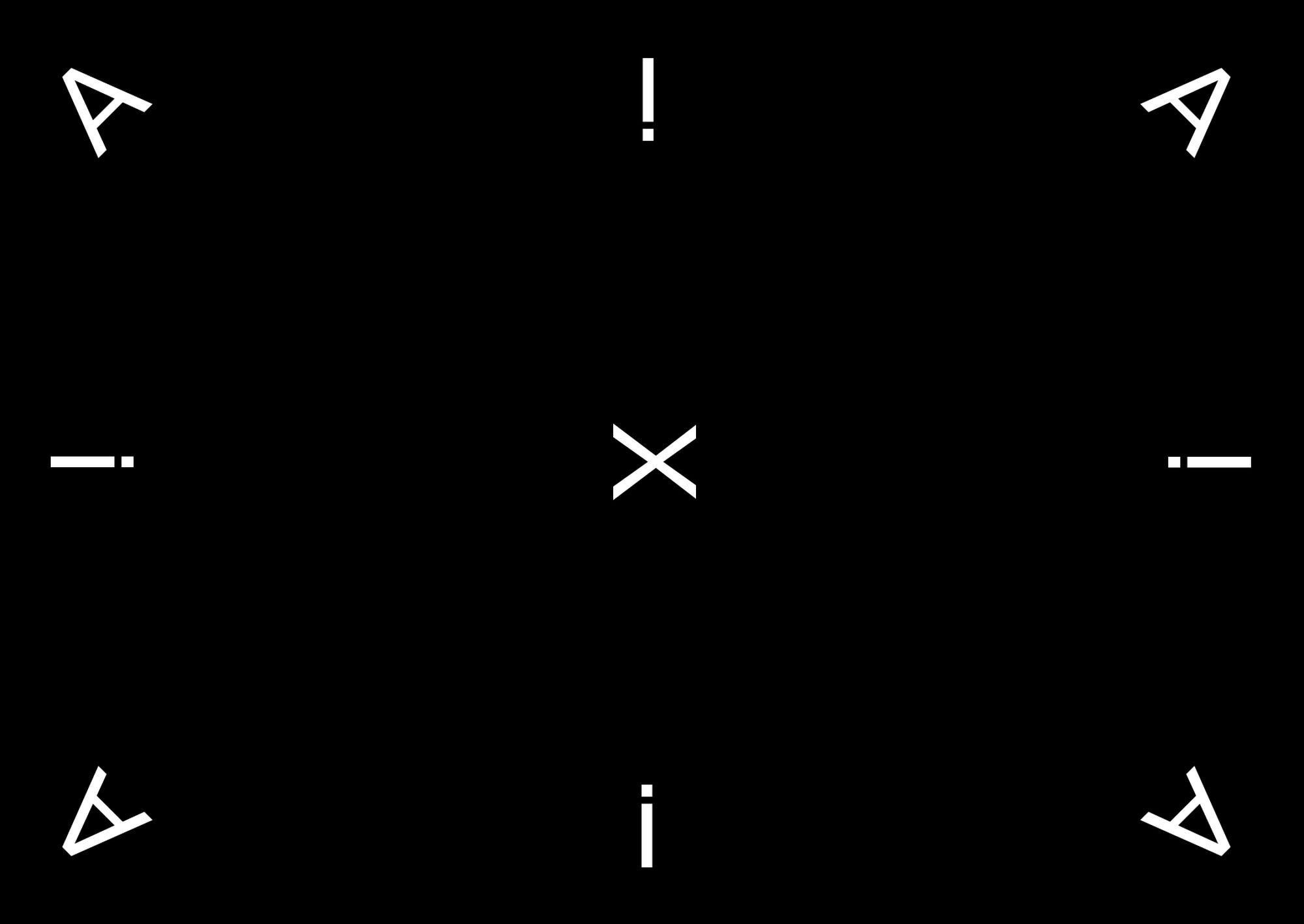 Черный фон, белые  буквы «А» по углам, между ними восклицательные знаки и буква «Х» в центре