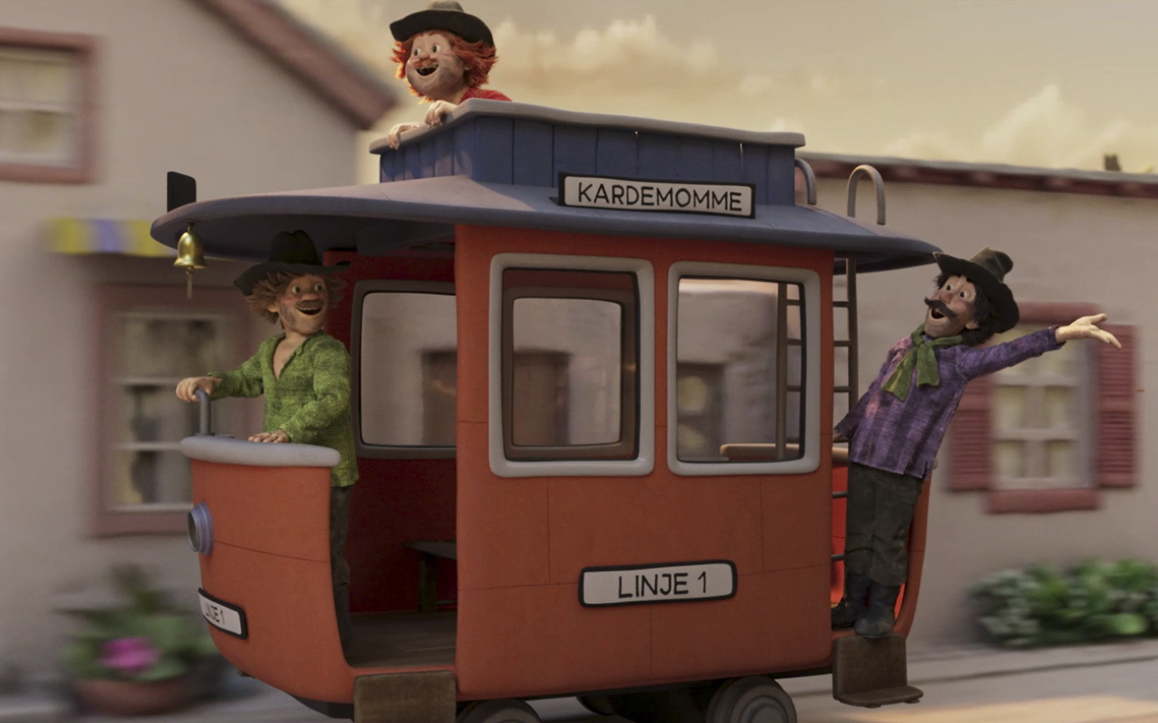 Три человеческих кукольных фигуры едут на игрушечном трамвае