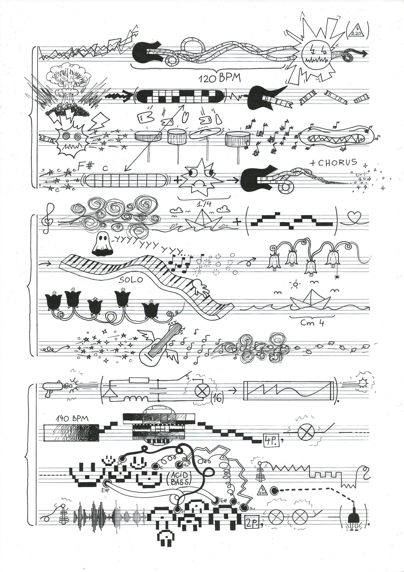 Лист с разлиновкой нотного стана, поверх которого нарисованы рисунки: электрогитары, приведения, цветочки, смайлики