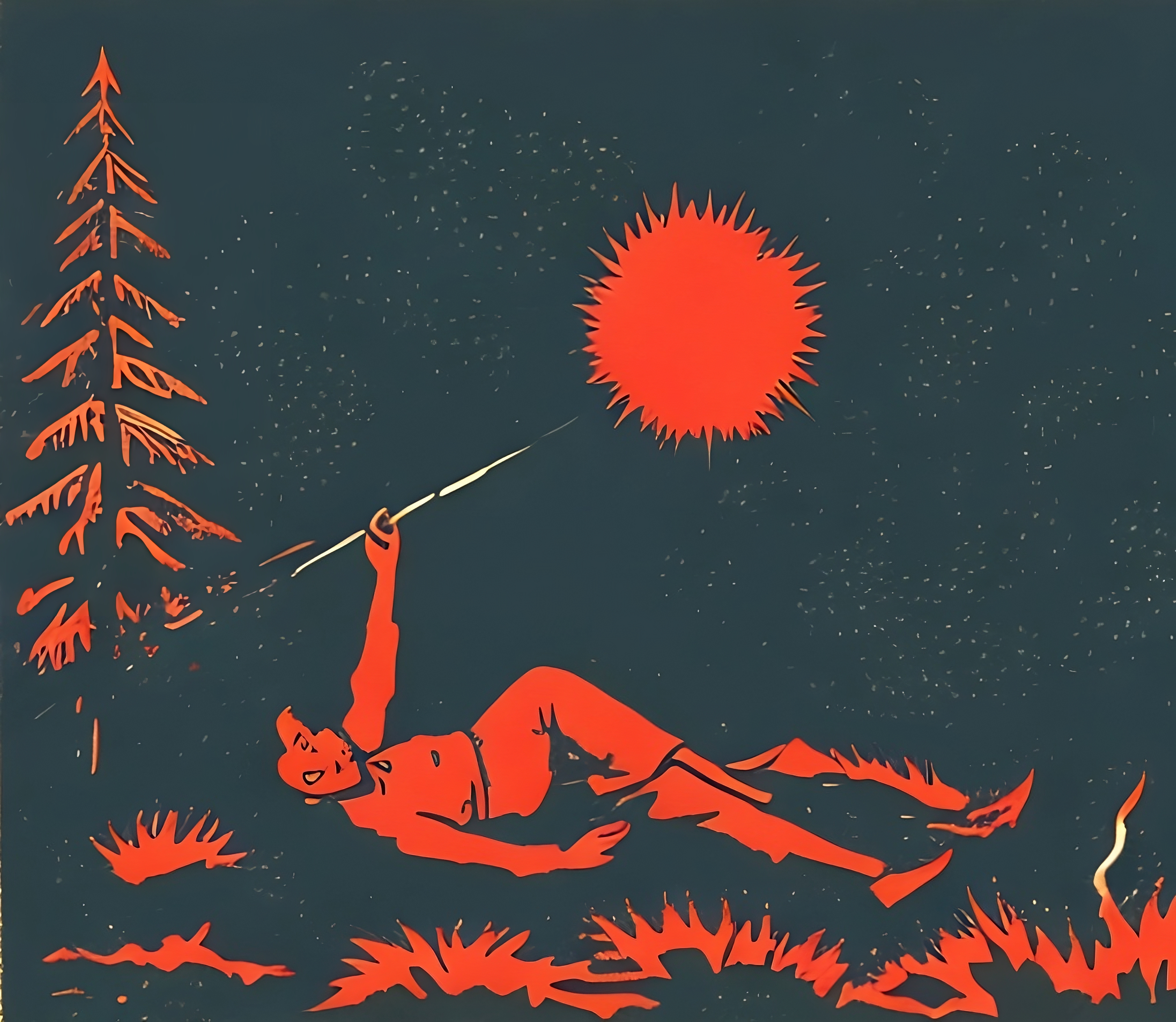 Красный рисунок на черном, человек лежит в лесу и направляет палку в сторону солнца