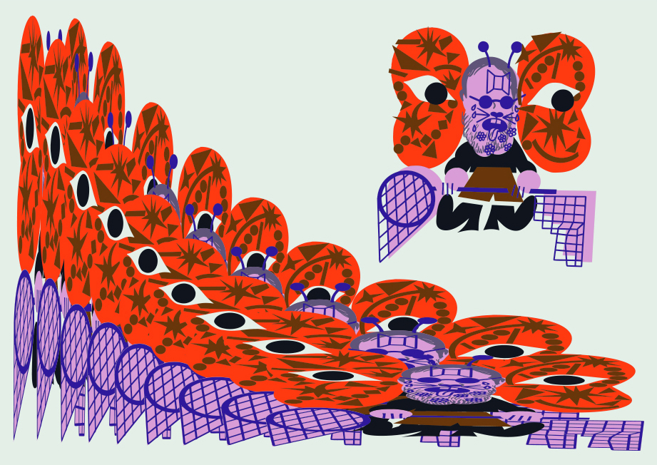 Коллаж, группа одинаковых людей с сачками в руках и красными крыльями бабочки, на лице нарисованы солнцезащитные очки, антенны и высунутый язык 