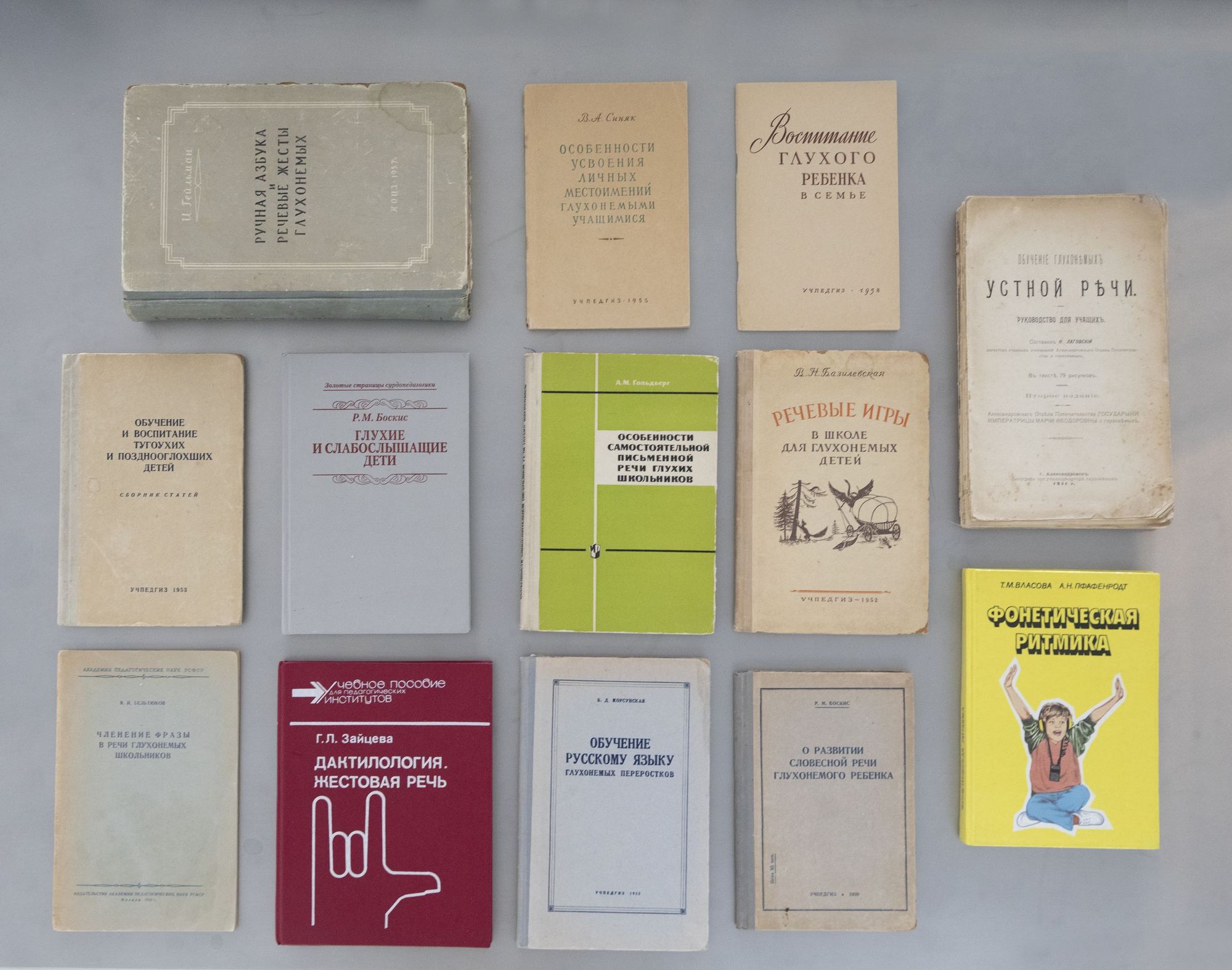 Фотография: на столе лежат 15 книг из подборки «Сурдопедагогика»