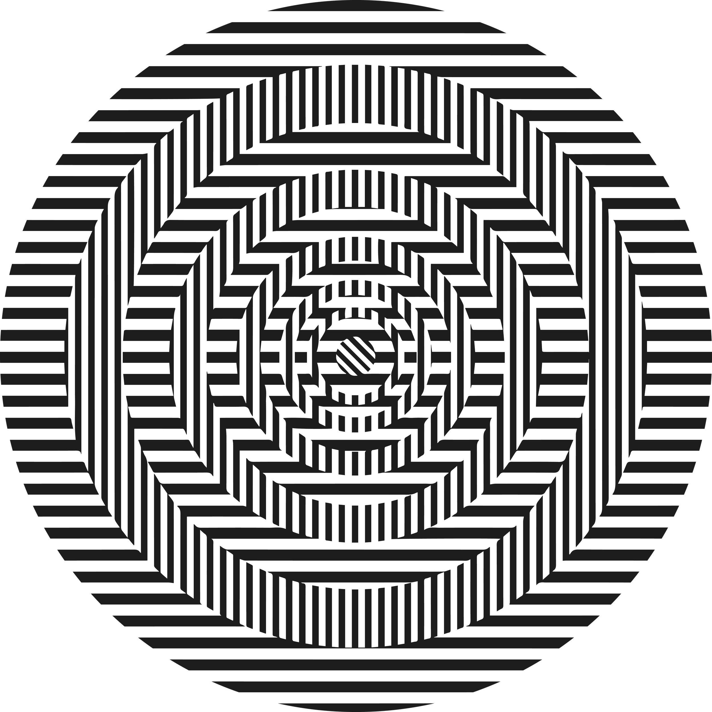 Сходящиеся к центру круги из черных горизонтальных и вертикальных линий на белом фоне