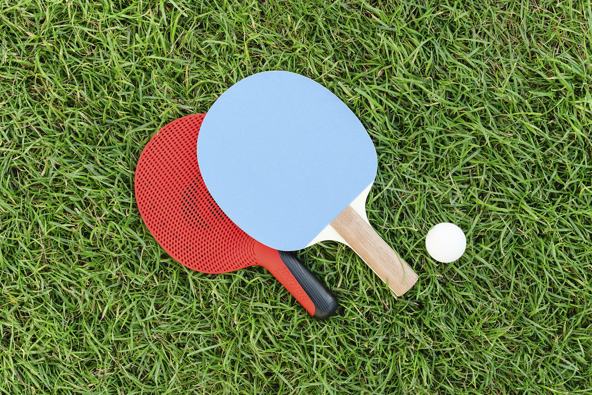 Фото: на зеленой траве лежат две ракетки (красная и голубая) и белый мячик для игры в настольный теннис