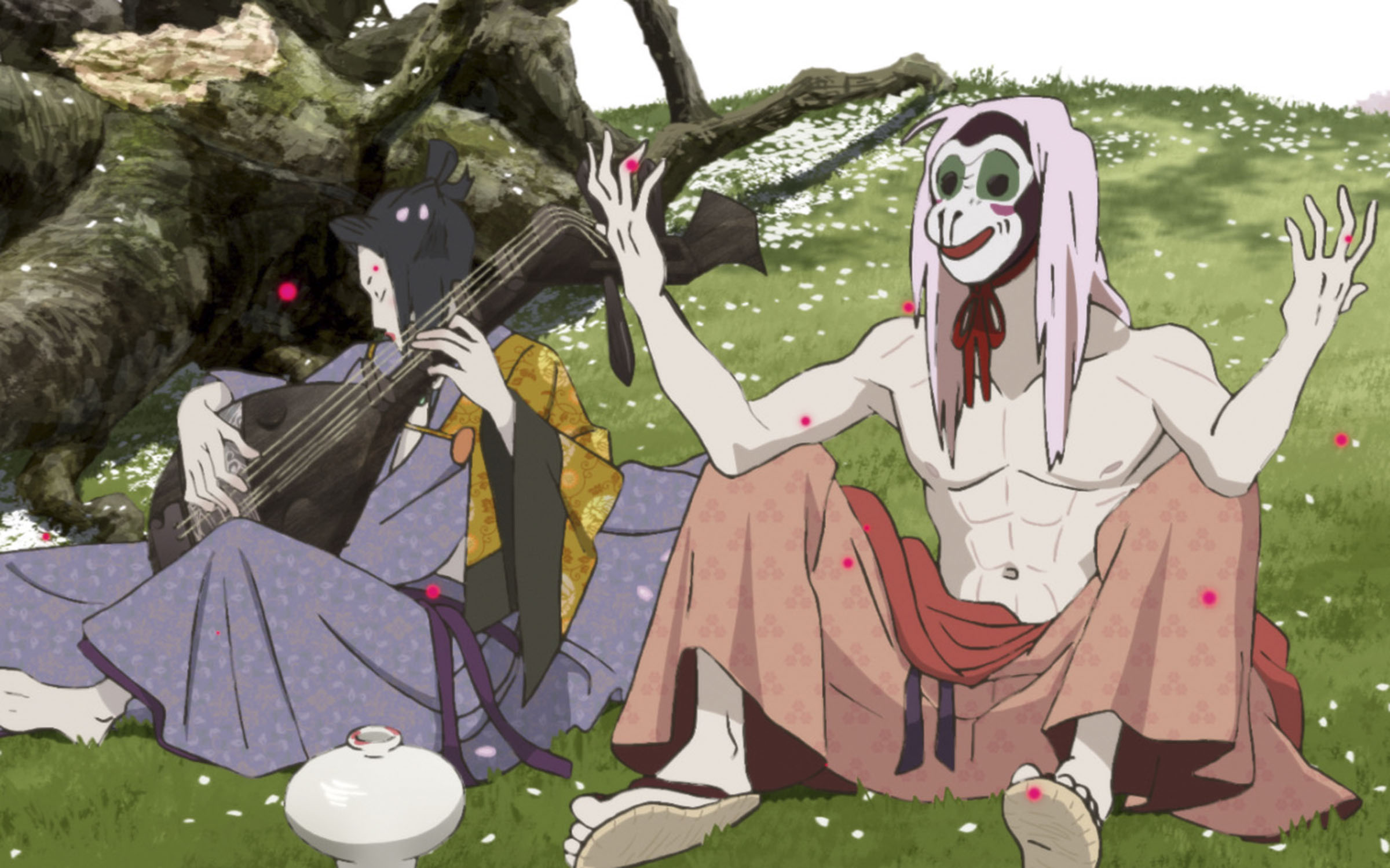 Кадр из фильма «Ину-о», два персонажа в масках сидят на траве, у одного в руках музыкальный инструмент